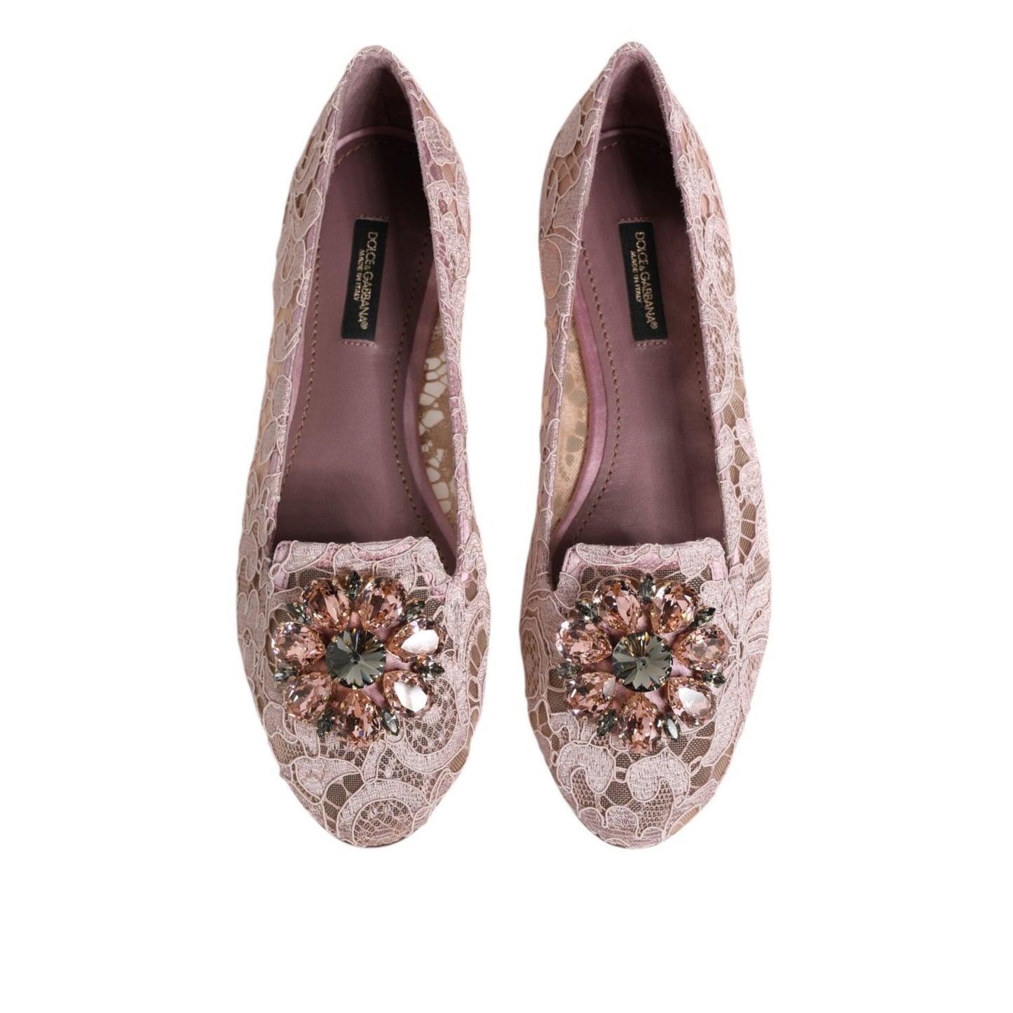 Dolce & Gabbana Pink Taormina Lace Crystals Flats Shoes