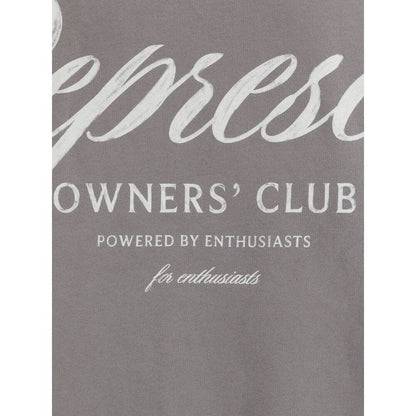 Close-up of print on Represent Gray Cotton Sweatshirt showcasing bold logo lettering in white on gray fabric.