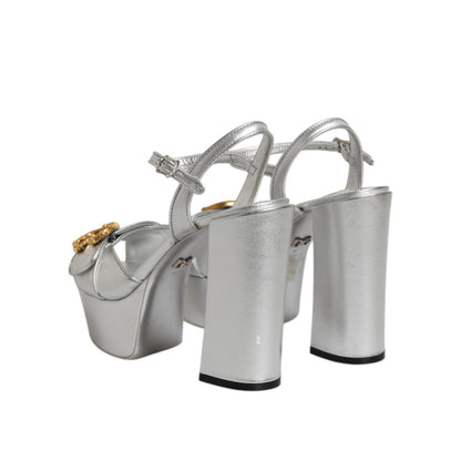 Dolce & Gabbana Silver Logo Ankle Strap Heels Sandals Shoes