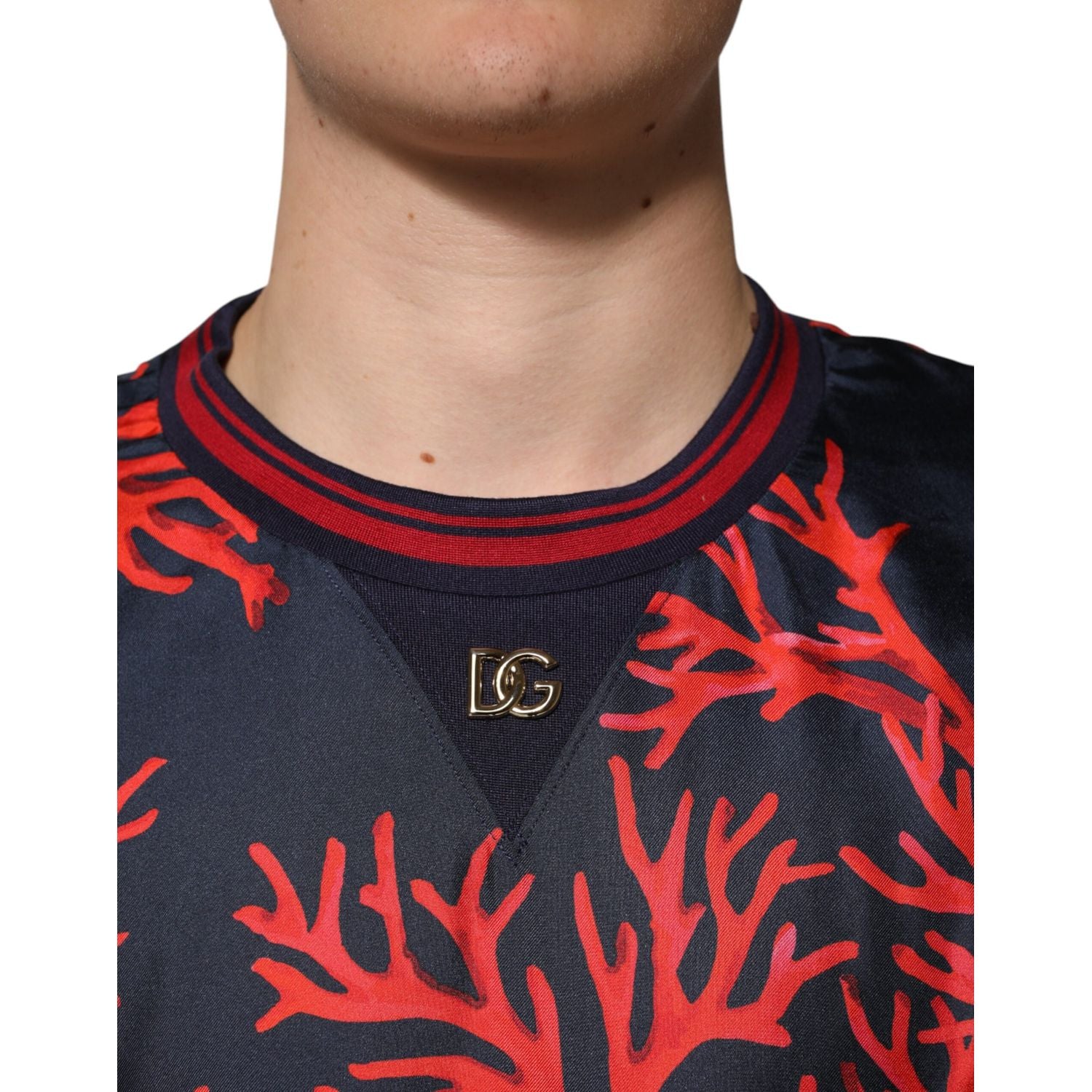 Dolce & Gabbana Navy Red Silk Coral Print Pullover Sweater