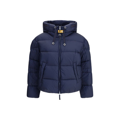 Parajumpers Blue Nylon Full-Length Jacket with hood and zipper, featuring elastic cuffs and spacious pockets for functionality and style.