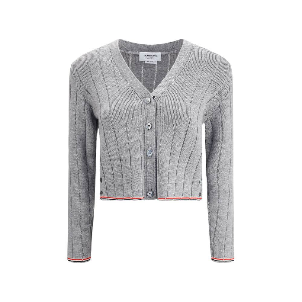 Thom Browne Gray Fleece Wool Cardigan with ribbed V-neck design and iconic bands on hem for Fall-Winter 2025