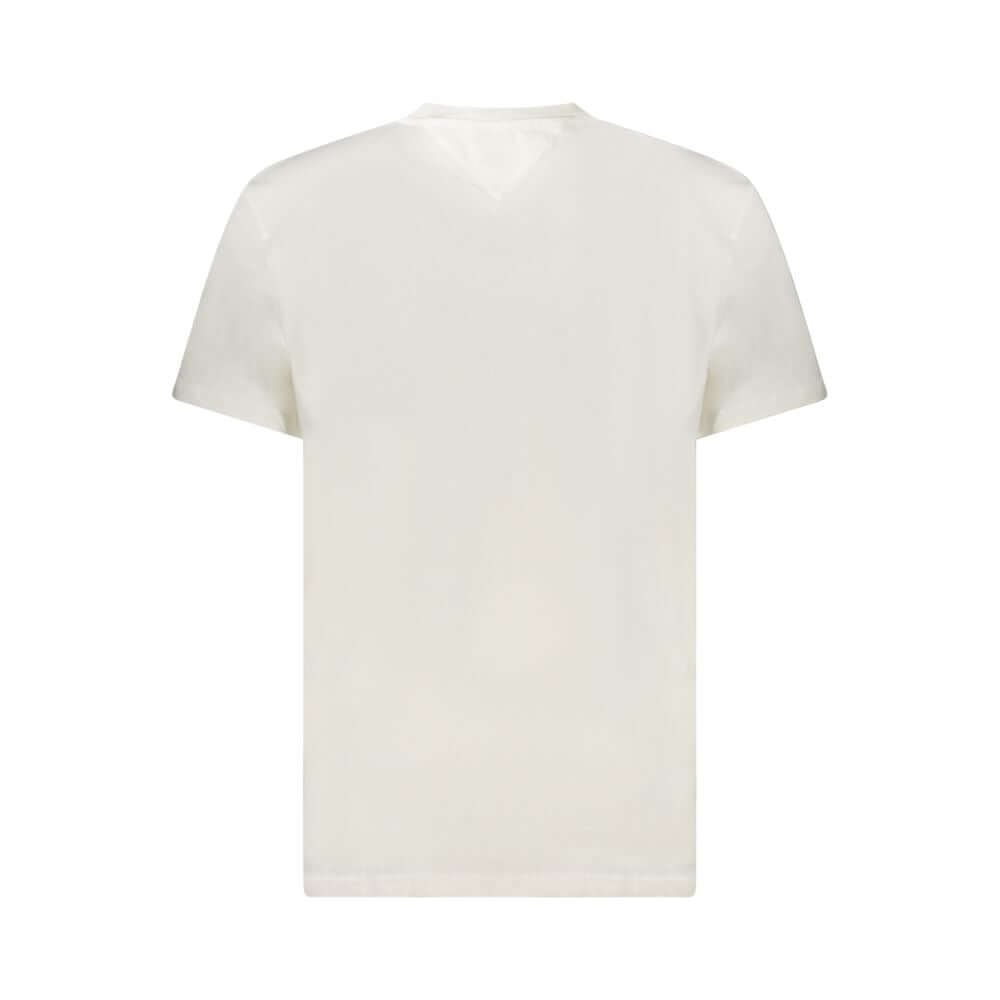 Back view of Tommy Hilfiger White Cotton Men T-Shirt showcasing crisp design and sustainable fabric.