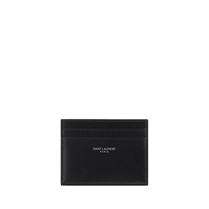 Saint Laurent Black Calf Leather Bos Taurus Wallet with monogram stamp, card slots front and back, AW25 collection.