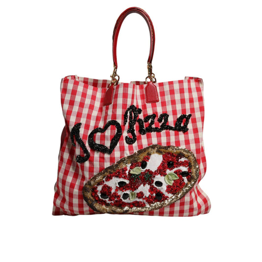 Dolce & Gabbana Red I Love Pizza Rhinestone Embellished Tote Bag