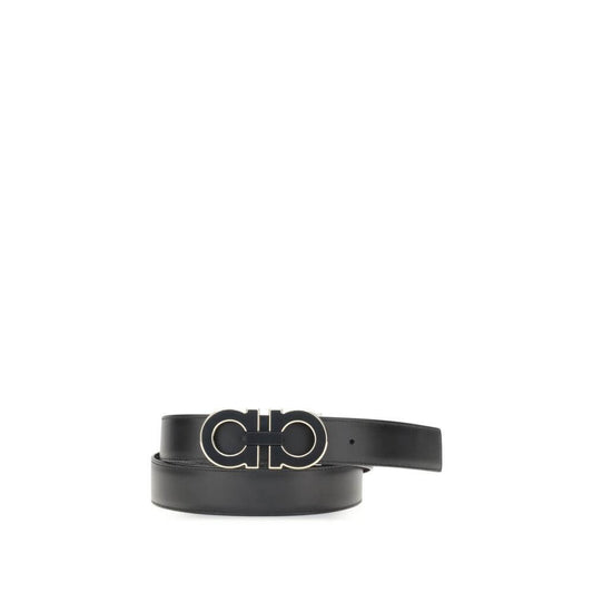 Ferragamo Black Calf Leather Bos Taurus Regular Belt with Gancini buckle, reversible design and golden border, AW25 season.