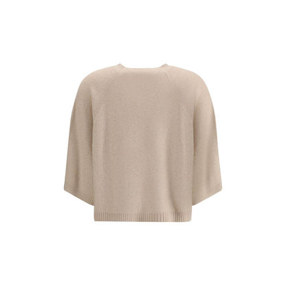 Back view of Fabiana Filippi Beige Fleece Wool Sweatshirt with ribbed hem and wide 3/4 sleeves.