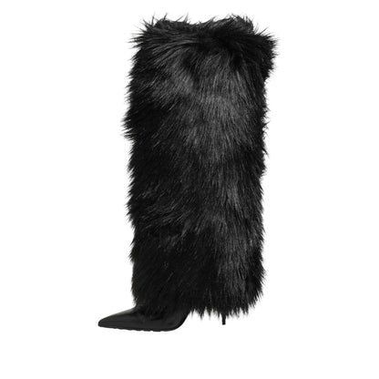 Dolce & Gabbana Black Faux Fur Pointed Knee High Stiletto Boots Shoes