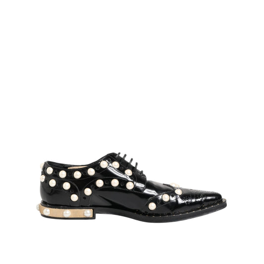 Dolce & Gabbana Black Leather Faux Pearl Dress Broque Shoes
