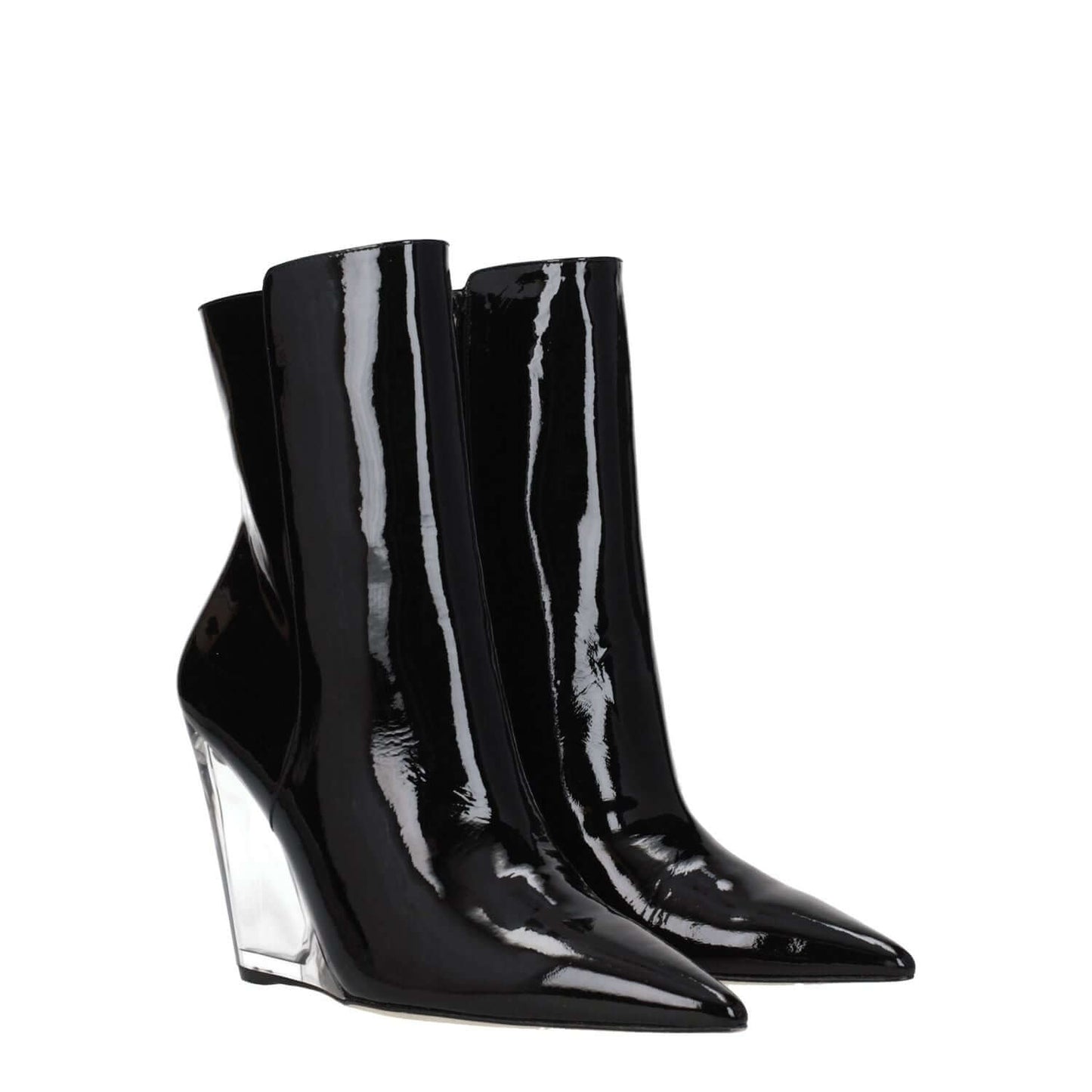 Stuart Weitzman Black Leather Ankle Boots with 10 cm wedge heel, patent finish, and zip closure, featuring a pointy toe and gold accents.