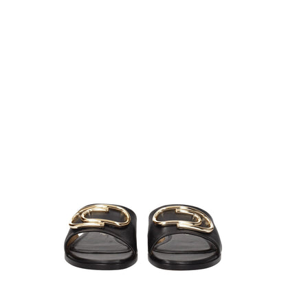 Off-White Black Leather Slippers with gold details, open toe, low flat heel, casual style, MPN OWIC015LEA0031076.