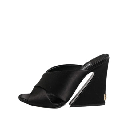 Dolce & Gabbana Black Logo KEIRA Satin Slides Sandals Shoes