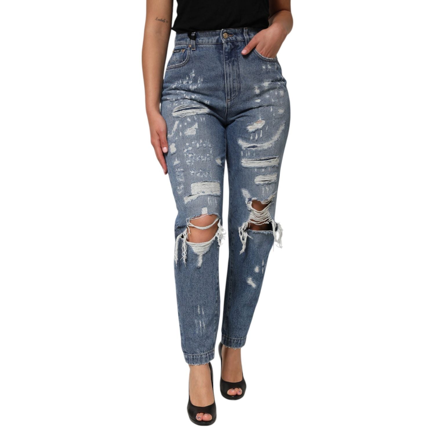 Dolce & Gabbana Blue Tattered High Waist Women Denim Jeans