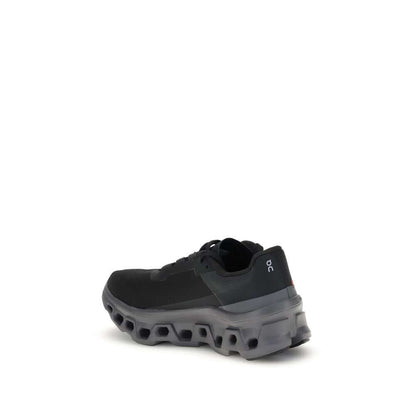 ON Black Polyester Athletic Sneakers with reinforced sole featuring perforated texture and brand logo, side view.
