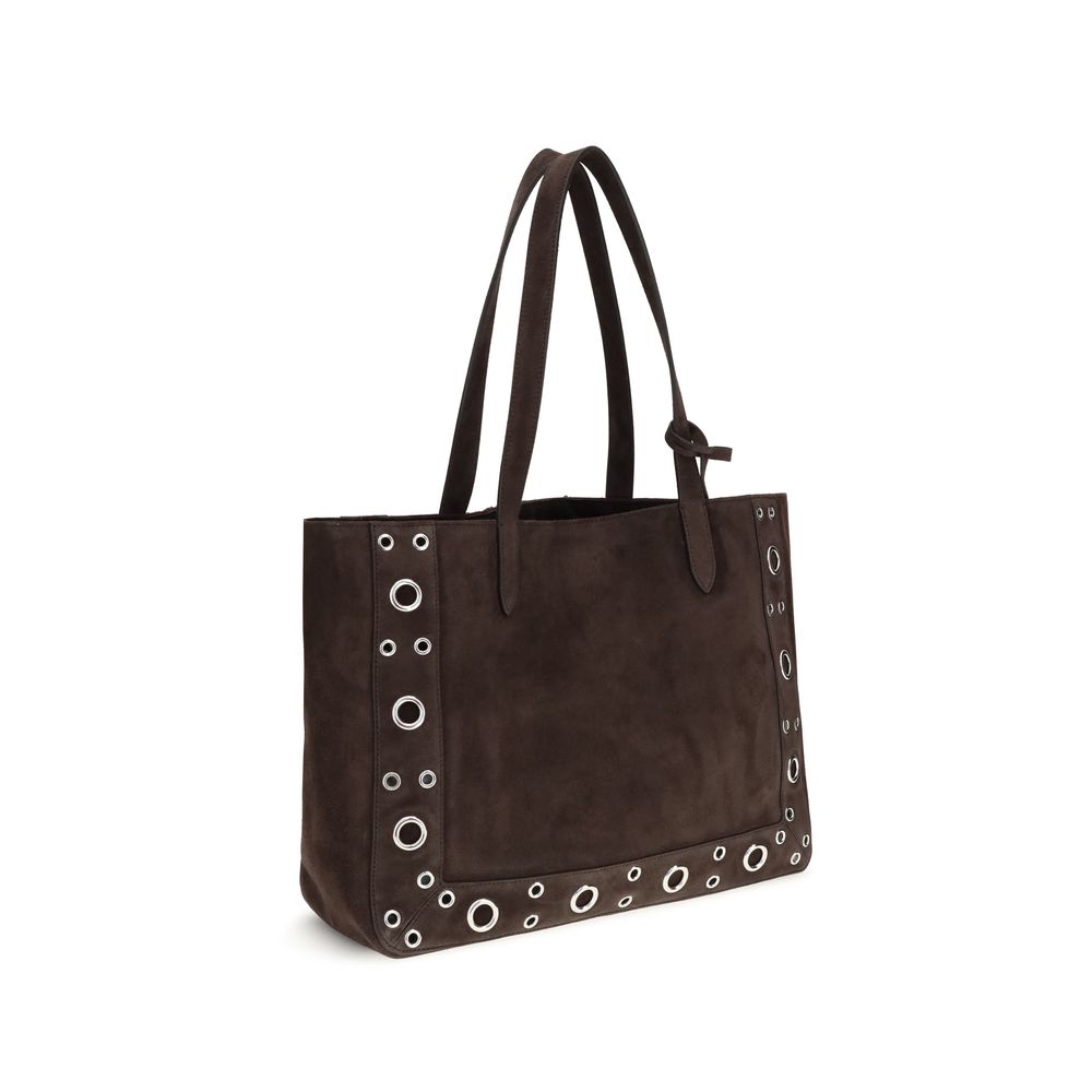 Valentino Garavani Brown Calf Leather Bos Taurus Shoulder Bag with studs and embroidery, featuring a VLogo detail.