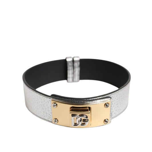 Dolce & Gabbana Silver Textured Leather Gold Tone Metal Neckband