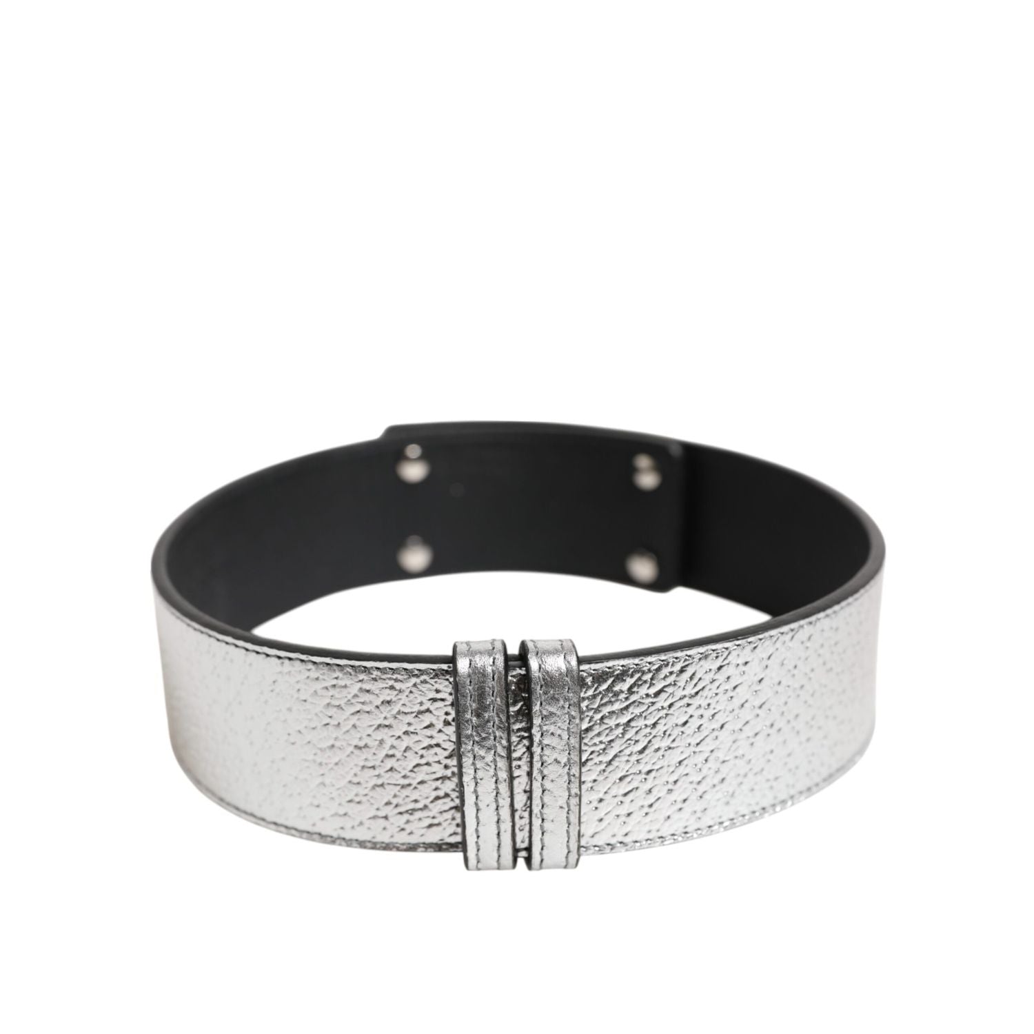 Dolce & Gabbana Silver Textured Leather Gold Tone Metal Neckband