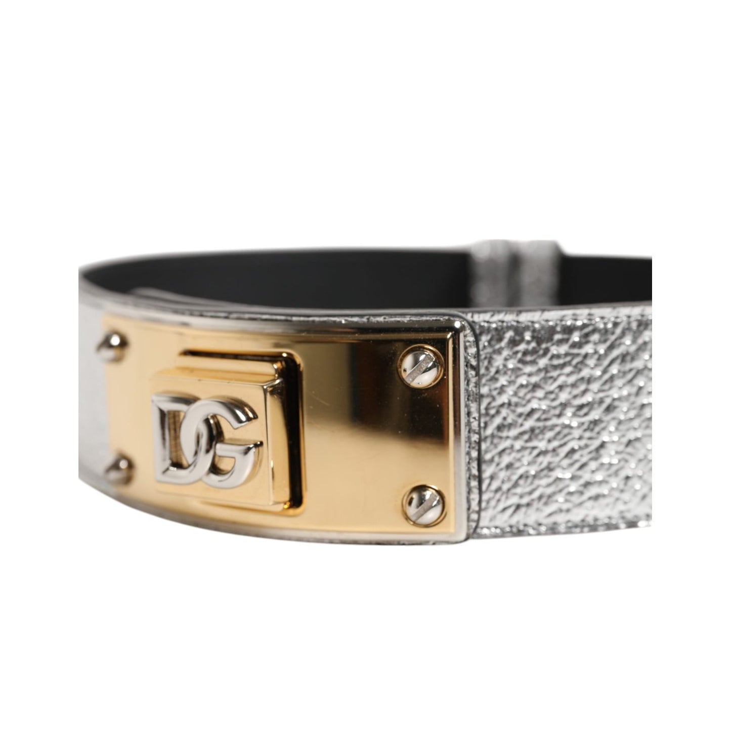Dolce & Gabbana Silver Textured Leather Gold Tone Metal Neckband