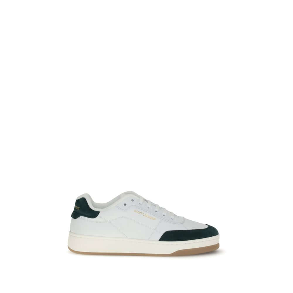 Saint Laurent White Calf Leather Bos Taurus Low Top Sneakers with logo and suede details, flat sole, lace-up closure, AW25 collection.