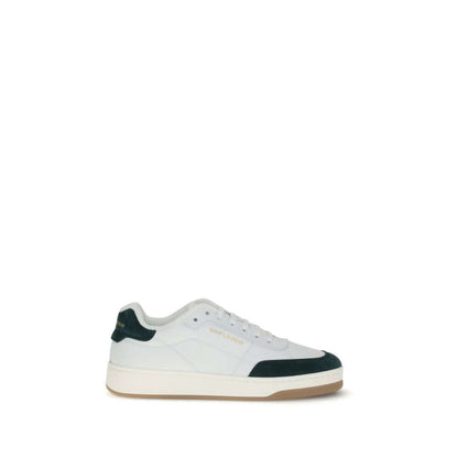 Saint Laurent White Calf Leather Bos Taurus Low Top Sneakers with logo and suede details, flat sole, lace-up closure, AW25 collection.
