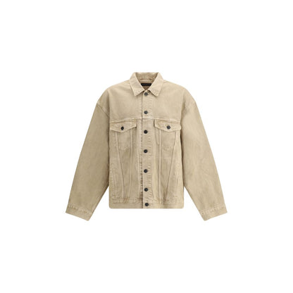 Balenciaga Beige Cotton Denim Jacket with 7-button closure, embroidered logo, and adjustable cuffs. AW25 Collection, oversized fit.