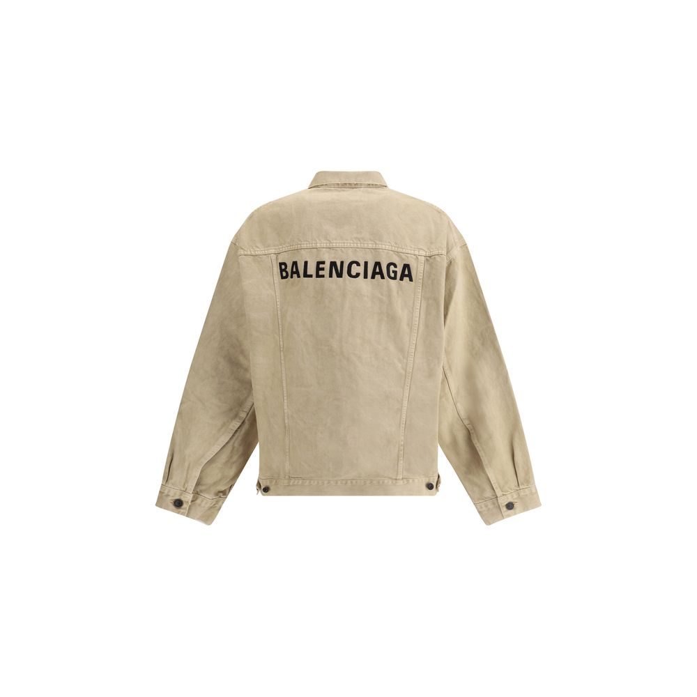 Balenciaga Beige Cotton Denim Jacket with embroidered logo, oversized fit, AW25 season, featuring adjustable cuffs and 7-button closure.