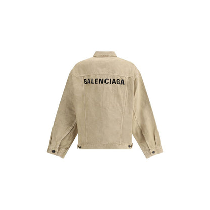 Balenciaga Beige Cotton Denim Jacket with embroidered logo, oversized fit, AW25 season, featuring adjustable cuffs and 7-button closure.