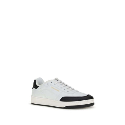 Saint Laurent White Calf Leather Bos Taurus Low Top Sneakers with black suede panel, flat sole, and logo detailing.