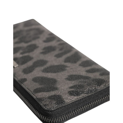 Dolce & Gabbana Black Gray Leopard Leather Zip Around Continental Wallet