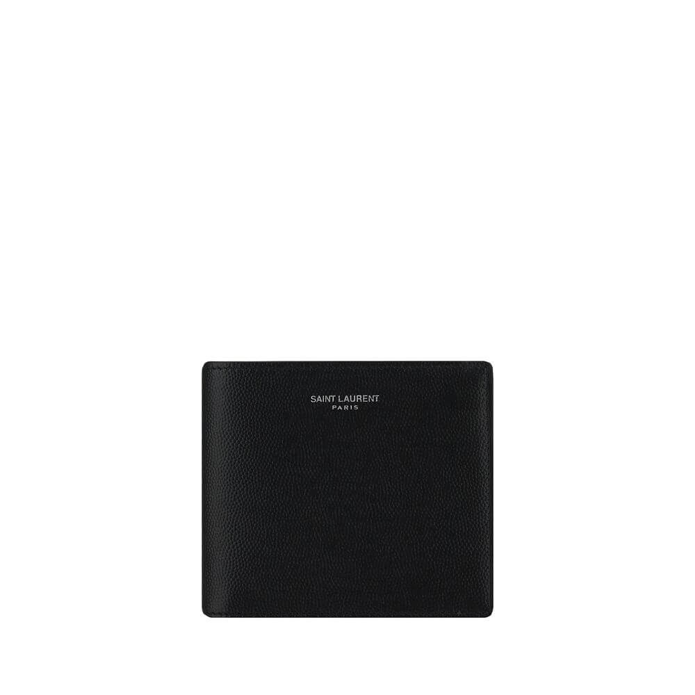 Saint Laurent Black Calf Leather Bos Taurus Wallet with card slots and bill compartment, iconic signature front, grained finish.