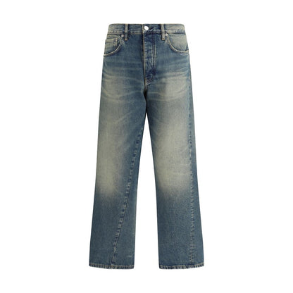 Sunflower Blue Cotton Jeans Denim with wide bold cut and recycled metal trim, featuring a vintage wash for a modern aesthetic.