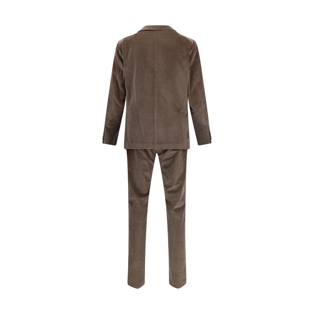 Back view of Tagliatore Brown Cotton Two-Piece Suit with notched lapels and straight-leg trousers showcasing a timeless corduroy style.
