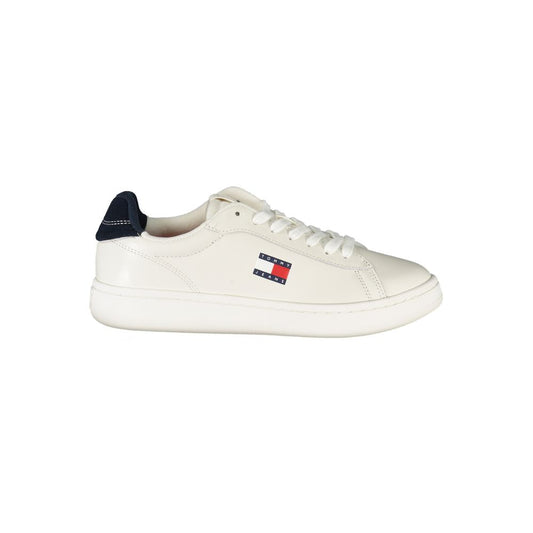 Tommy Hilfiger White Leather Women Sneaker with blue accents and iconic logo, showcasing stylish sports luxury and comfort.