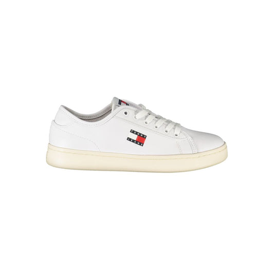 Tommy Hilfiger White Leather Women Sneaker with logo and contrasting details, designed for comfort and style.