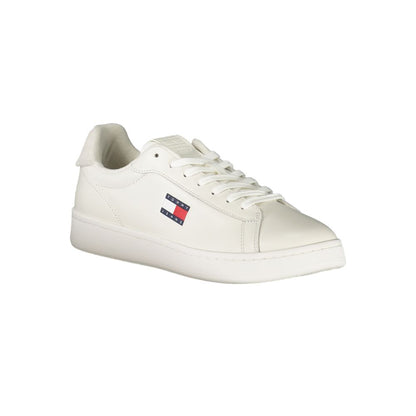 Tommy Hilfiger White Leather Men Sneaker with iconic logo and grey accents, offering comfort and classic American style.