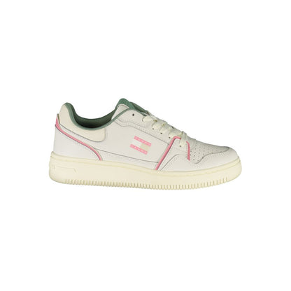 Tommy Hilfiger White Leather Women Sneaker with green and pink accents, sporty chic lace-up design, Tommy Hilfiger logo, comfortable footbed.