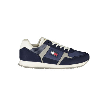 Tommy Hilfiger Blue Polyester Men Sneaker with logo, stylish and comfortable lace-up design, ideal for fashion-forward individuals.