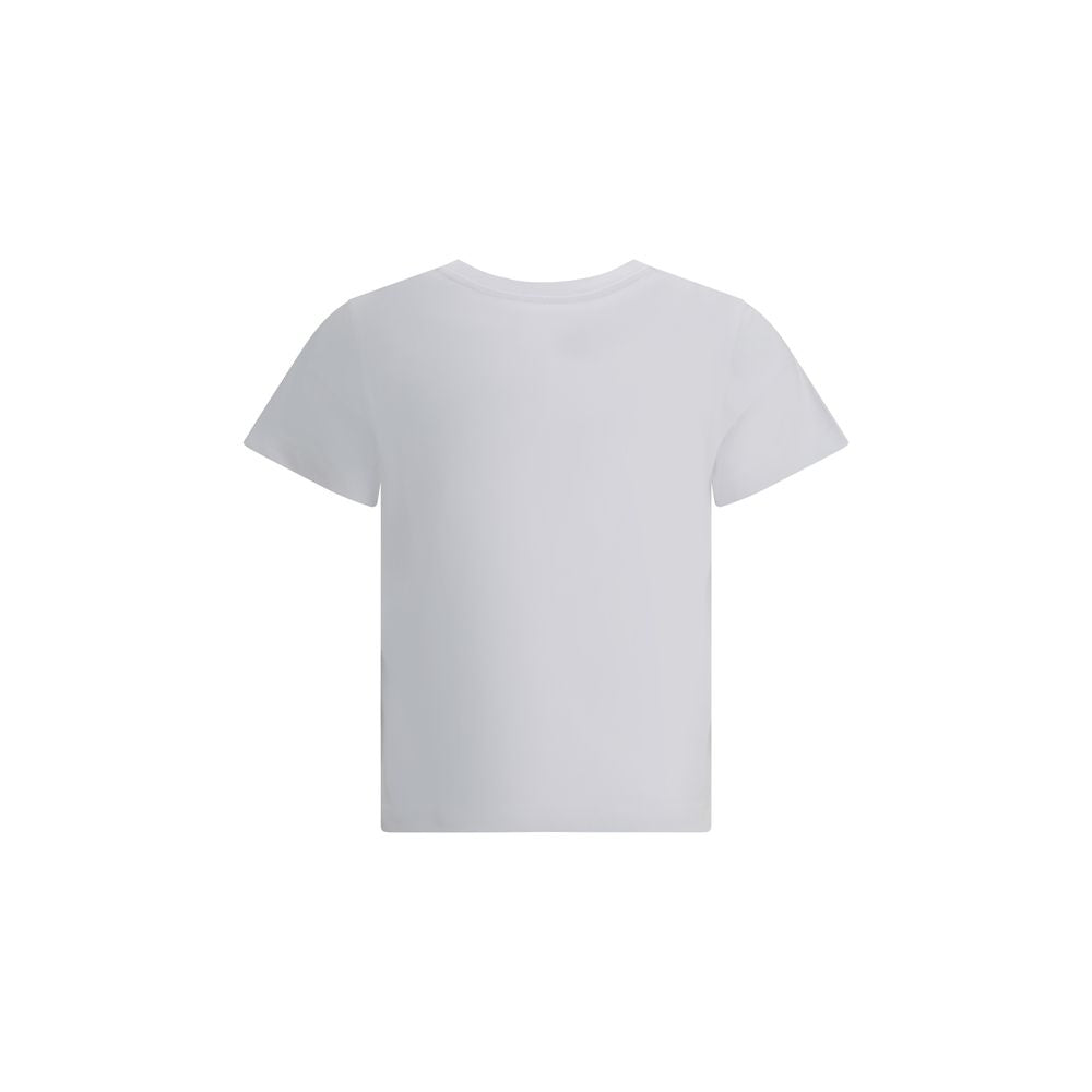 Back view of Moncler White Cotton T-Shirt featuring a modern ribbed crew neck and crop cut design with embroidered logo on front.