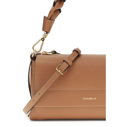 Coccinelle Beige Calf Leather Bos Taurus Shoulder Bag with woven handle and zip pockets, featuring flap and magnet closure.