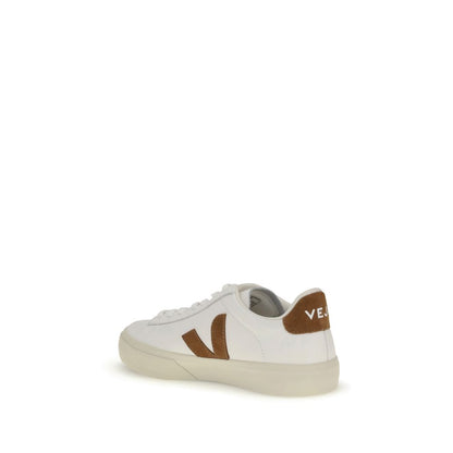 Veja White Leather Low Top Sneakers with brown heel logo and side-stitched V, flat sole, rounded toe, and lace-up closure for comfort.