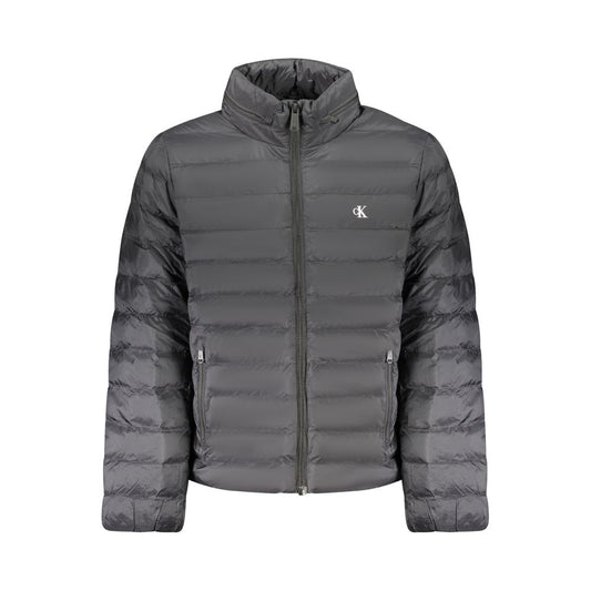 Calvin Klein Black Polyamide Men Jacket with zip front, removable hood, and logo, offering water and wind resistance for stylish protection.