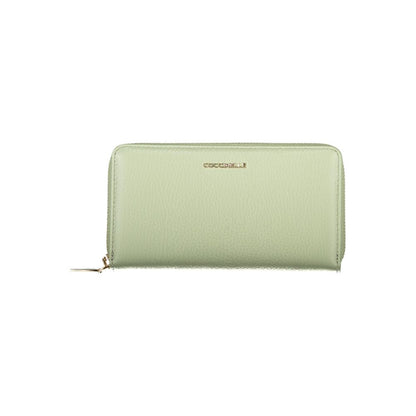 Coccinelle Green Leather Women Wallet, elegant design with five compartments, card spaces, and zip closure, premium leather finish.