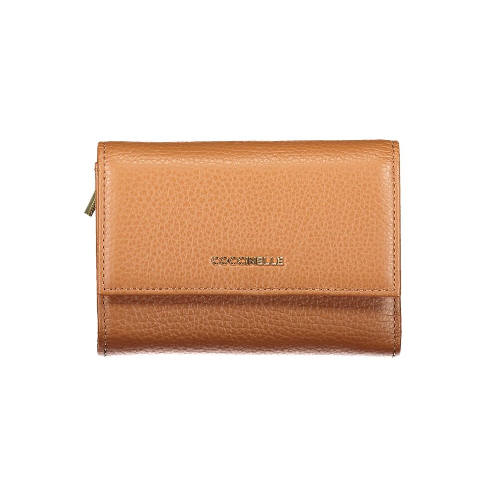 Coccinelle Brown Leather Women Wallet with snap closure and external coin pocket, showcasing Italian craftsmanship and elegant design.