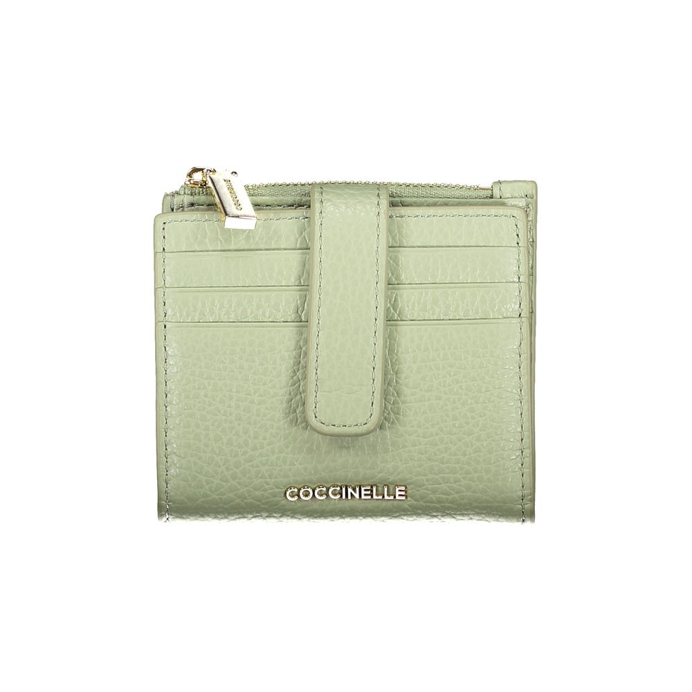 Coccinelle Green Leather Women Wallet with zip and snap closures, showcasing Italian craftsmanship and elegant design.