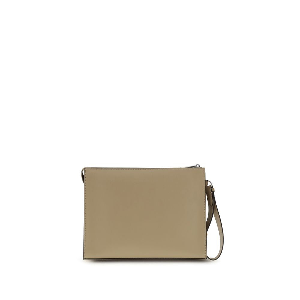 Fendi Beige Leather Clutch Bag with FF metal logo, zipper closure, and removable cuff handle, crafted with smooth leather and palladium-finish hardware.