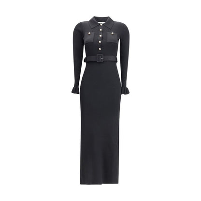 Self-Portrait Black Viscose Casual Dress with gold buttons, side slit, and ruffled cuffs, offering elegant design for various occasions.
