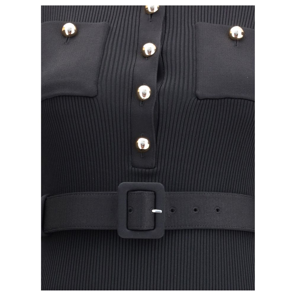 Close-up of Self-Portrait Black Viscose Casual Dress with gold buttons and belt detail
