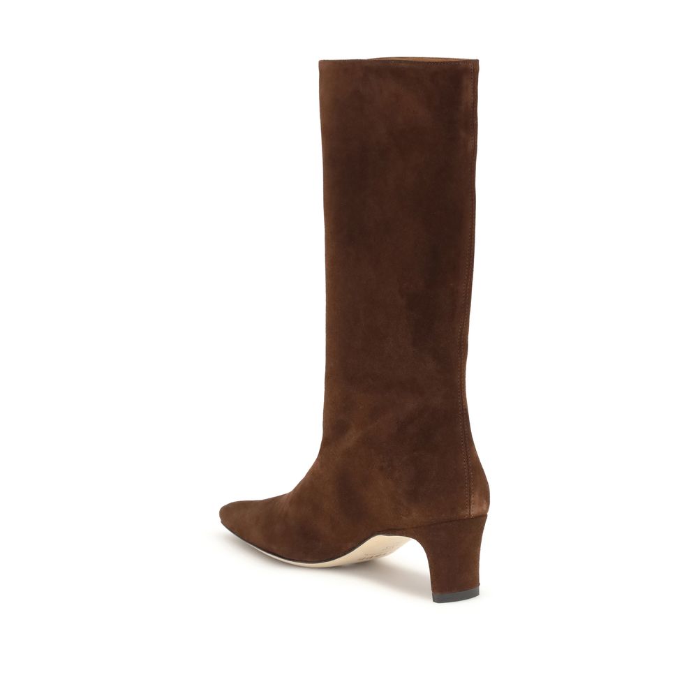 Staud Brown Lamb Ovis Aries Aries Ankle Boots in suede, sleek silhouette, sharp toe, feminine slim heel, calf-height shaft
