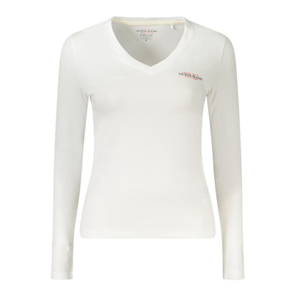 Guess Jeans White Cotton Women T-Shirt with V-neck, long sleeves, and logo print