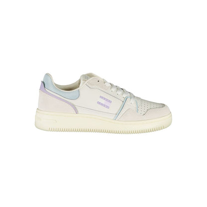 Tommy Hilfiger White Leather Women Sneaker with blue contrast details and removable footbed for customizable comfort.